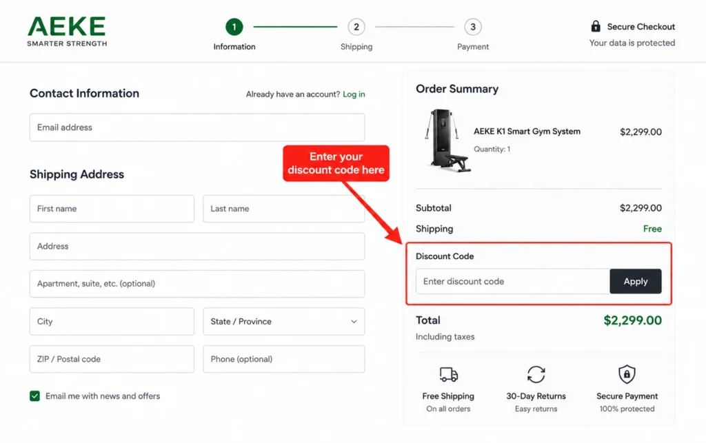 AEKE checkout page showing where to enter a promo code box.