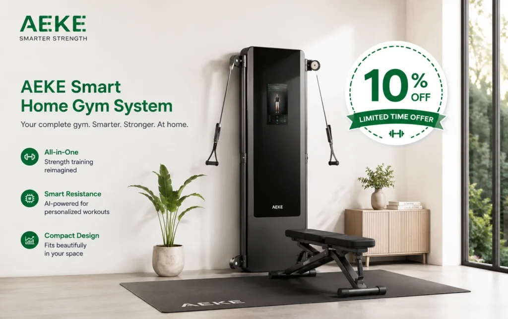 AEKE smart home gym station with a digital 10 percent off discount offer badge.