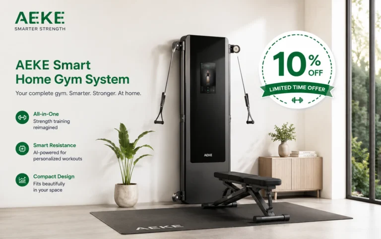 AEKE smart home gym station with a digital 10 percent off discount offer badge.