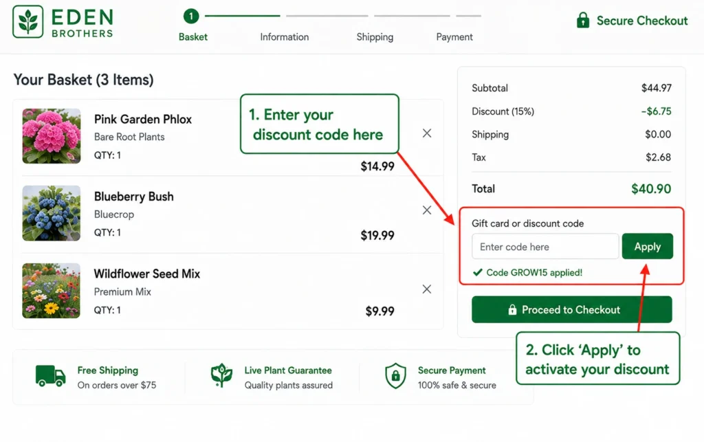 Screenshot showing where to type your Eden Brothers coupon code on the payment screen.