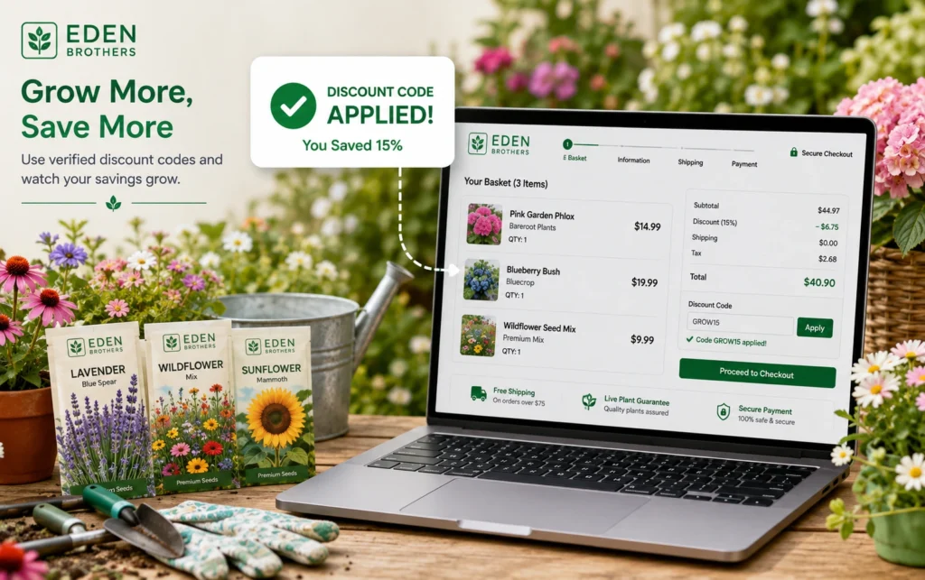 Eden Brothers discount code applied at online checkout showing money saved on flower seeds.