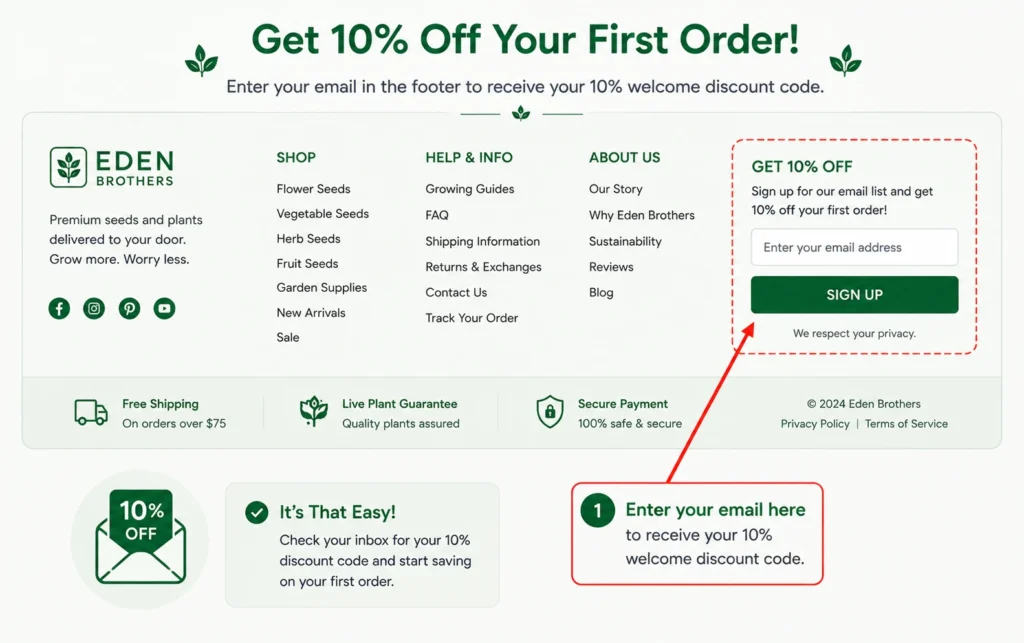 How to sign up for the Eden Brothers newsletter to get 10 percent off your first seed order.