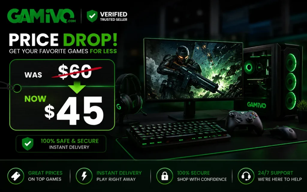Gamivo discount code graphics showing digital game key price savings at checkout.