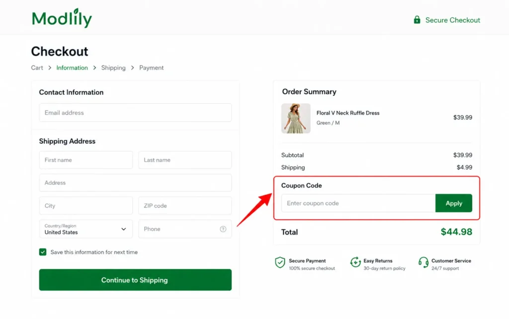 Screenshot of Modlily checkout screen showing where to enter a promo code box.