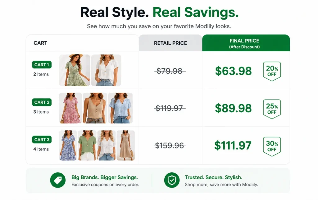 Comparison chart showing savings on Modlily dresses and swimwear orders.