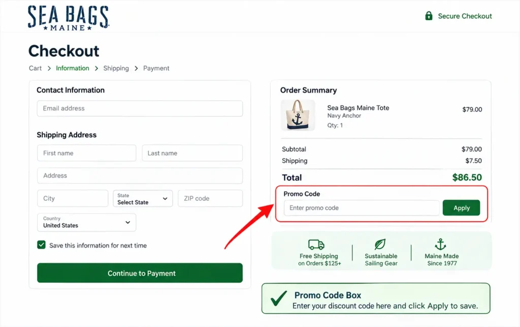 Sea Bags checkout page showing where to enter a discount promo code.
