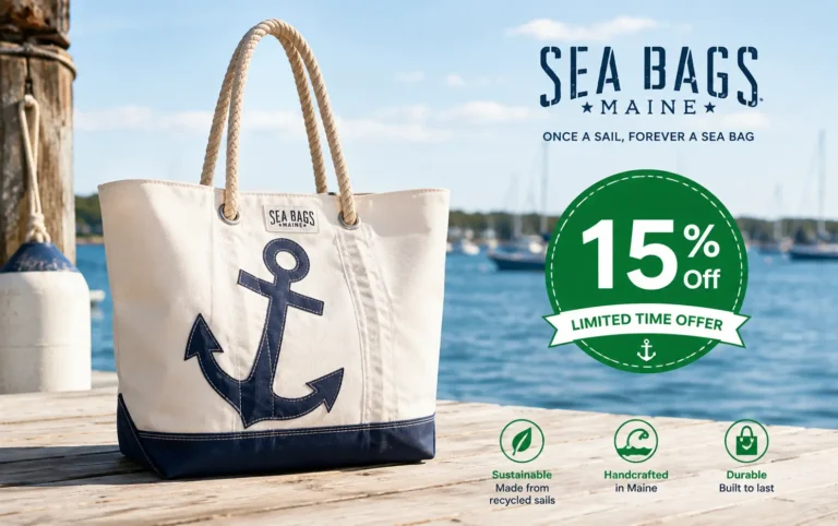 Sea Bags recycled sailcloth tote bag on a dock with a 15 percent off discount badge.