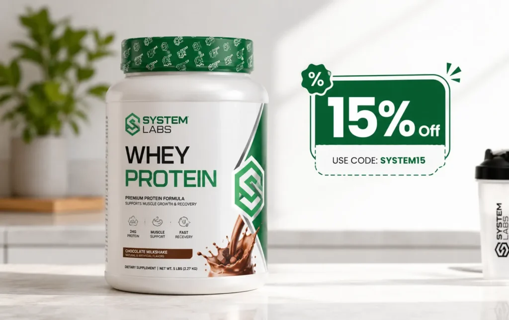 System Labs health supplement tub with a 15 percent off discount badge.