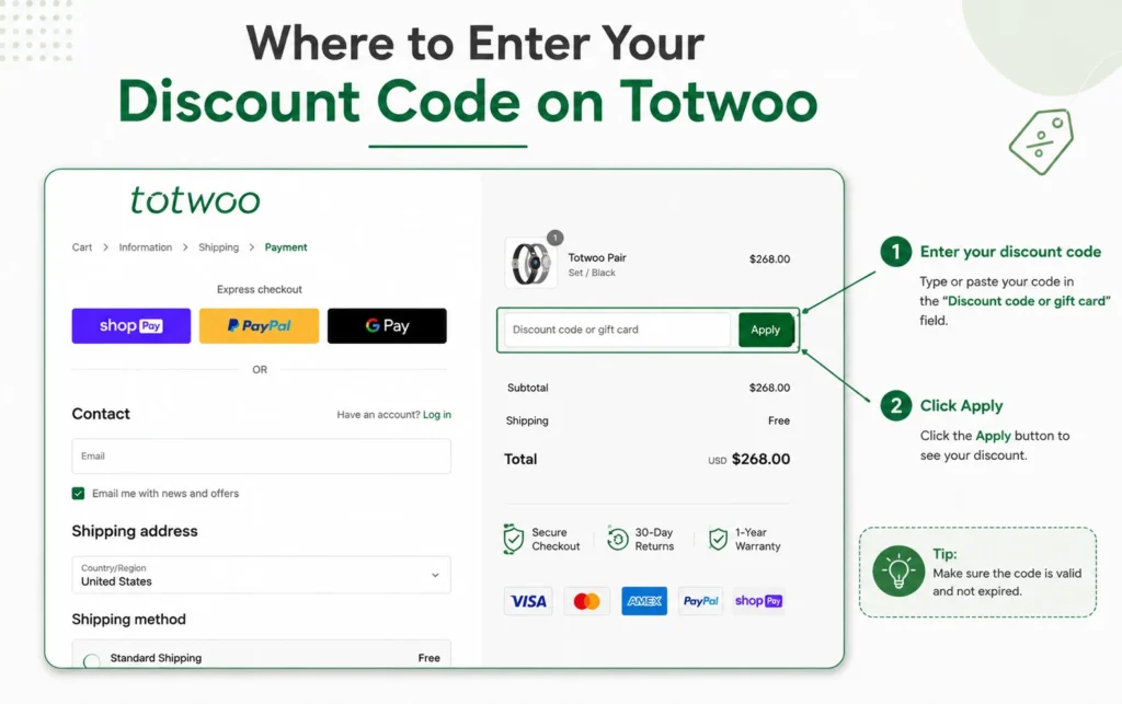Screenshot showing where to type your Totwoo coupon code on the payment screen.