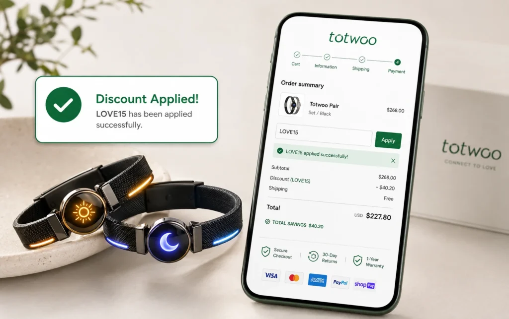 Totwoo discount code applied at online checkout showing money saved on smart touch bracelets.