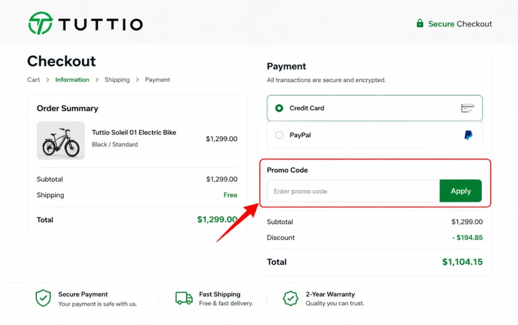 Tuttio checkout screen showing where to enter your discount promo code box.